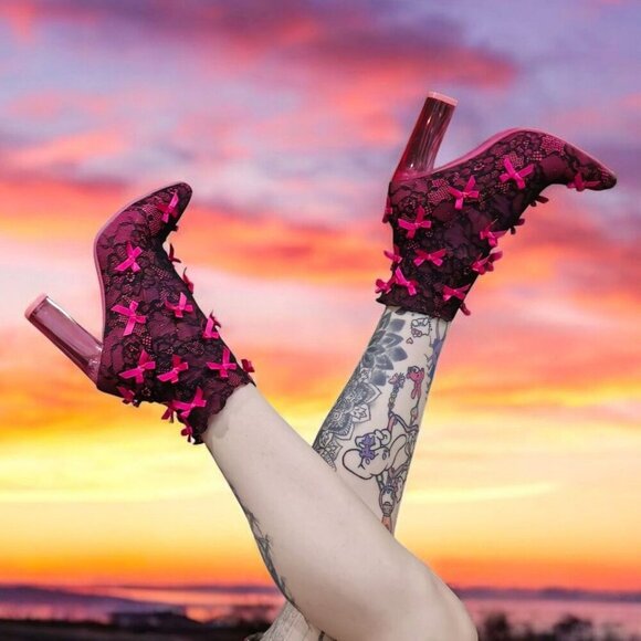 Sugar Thrillz ✦ Rubina Portrait Booties ✦ Pink Lace w/ Satin Bows Transparent 7